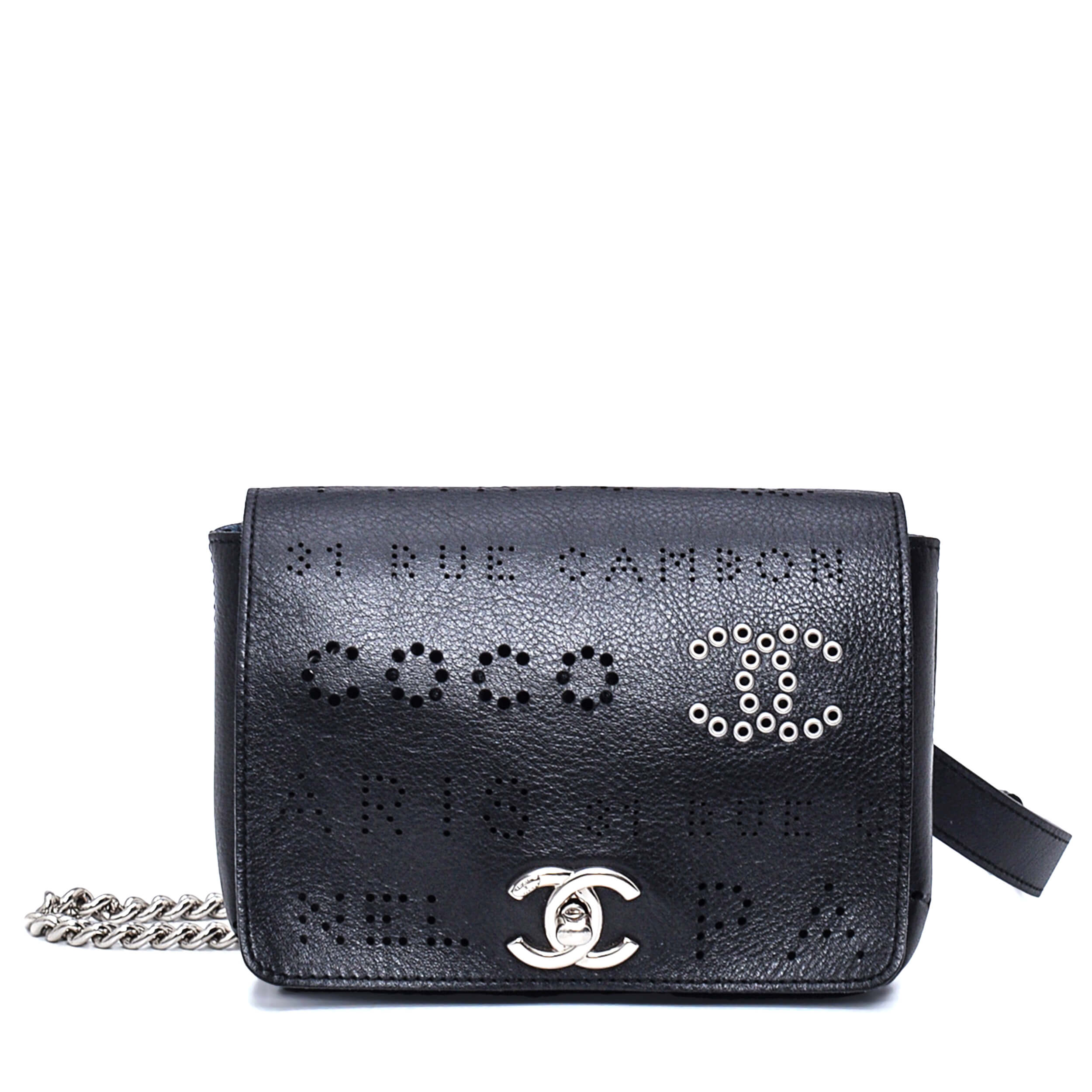 Chanel - Black Perforated Calf Leather CoCo Eyelet Flap Belt Bag with Tweed Pouch